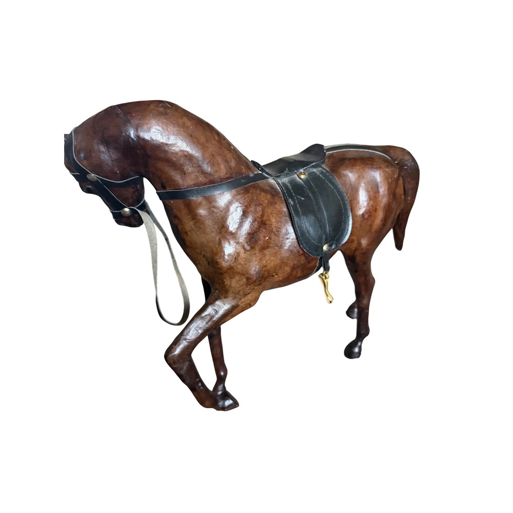Vintage Leather Wrapped Horse Figurine Statue Equestrian Decor Brown Saddle - Picture 3 of 8